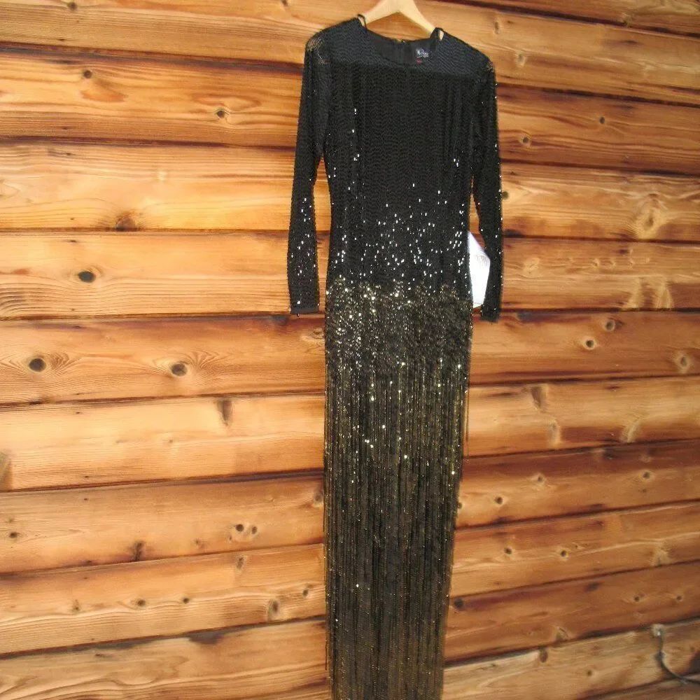 MAC DUGGAL Black Gold Size 4 Long Sleeve Beaded Fringe Evening Gown Maxi Dress - Picture 7 of 14